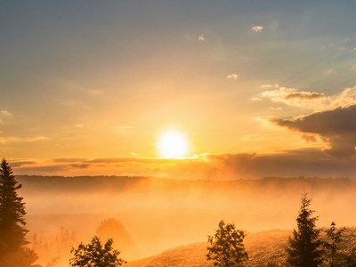 The sun shining over a lake with trees in thee foreground.